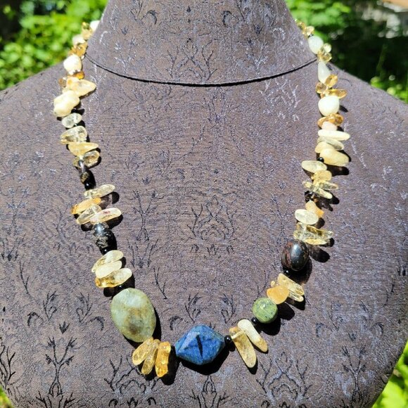 Handmade Multicolor Gemstone Bead Necklace W/ Citrine Lapis Lazuli & Green Jaspe - Picture 1 of 8